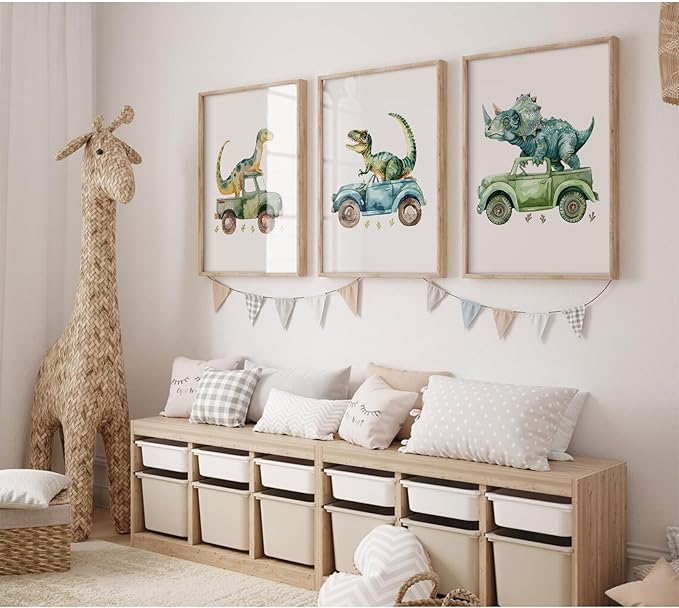 Dinosaur Nursery Wall Art Kids Canvas Poster Baby Boy Nursery Wall Decor Green Dino Pictures Toddler Prints Cartoon Dino Car Painting Boys Room Artwork for Bedroom Bathroom 16x24x3 Inch Unframed