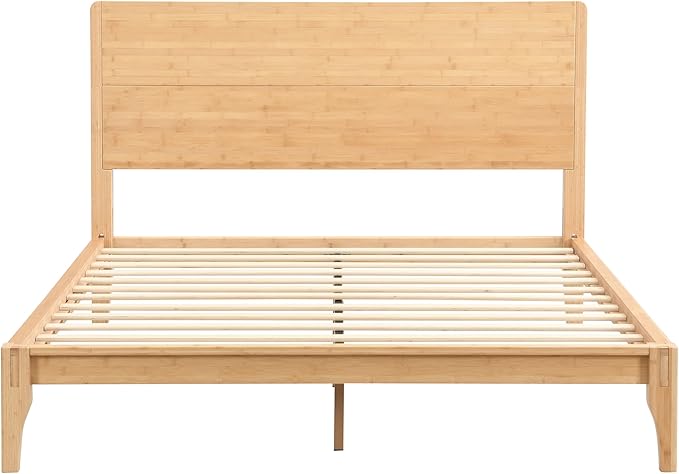 Merax Full Size Bamboo Platform Bed, Mid-Century Modern Bed Frame with Tall Headboard, Solid Sustainable Bedframe Full-size, Wood Slat Support, No Box Spring Needed, Easy Assembly, Noise Free, Natural