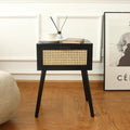 AWASEN Mid Century Modern Nightstand, Rattan Side Table with Drawer, Black Bedside Table with Storage and Solid Wood Legs for Living Room, Bedroom and Small Space (Black)