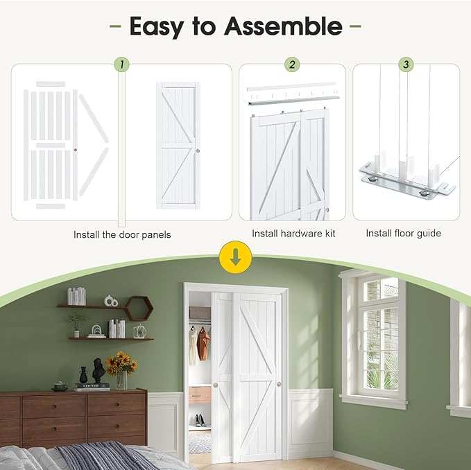 64x80in Sliding Closet Doors (Double 33in) White Bypass Closet Door,Easy Install Modern PVC Closet Doors with Hidden Track,Quiet Rollers,Solid Wood Core,Space Divider for Bedroom Living Room