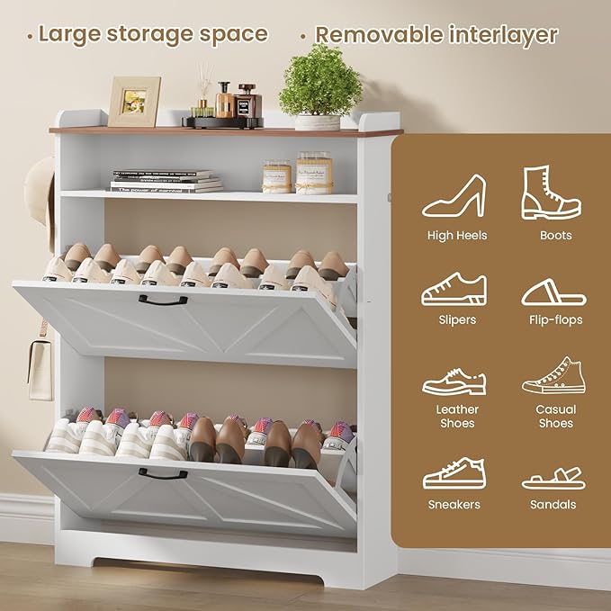 Shoe Cabinet Organizer with 2 Flip Drawers, Farmhouse Narrow Shoe Cabinet with 2 Adjustable Shelves & 2 Hooks, Shoe cabinet storage for entryway, Foyer, Hallway, White, 31.5"W x 8.7"D x 41.7"H