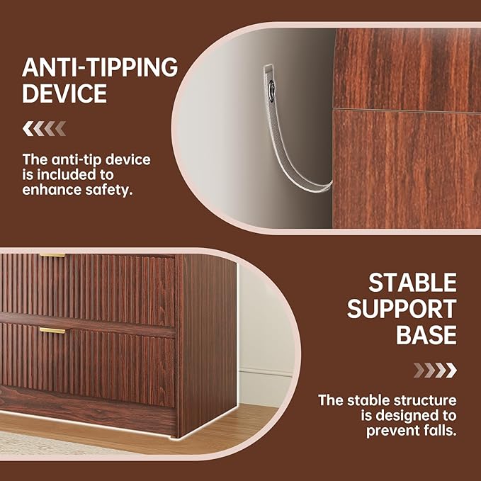 FURSUN Fluted 6 Drawers Dresser for Bedroom, 54" Wide Wooden Dresser with Metal Handle, Curved Profile Design, Modern Storage Organizer for Bedroom, Living Room, Hallway, Dark Walnut
