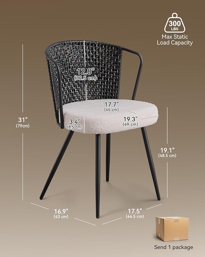 BedsPick Rattan Dining Chair Set of 2 - Farmhouse Upholstered PE Rattan Kitchen Chair with Boucle Cushion, Wingback Dining Room Seat with Cane Back and Metal Legs for Home, Kitchen (Black)