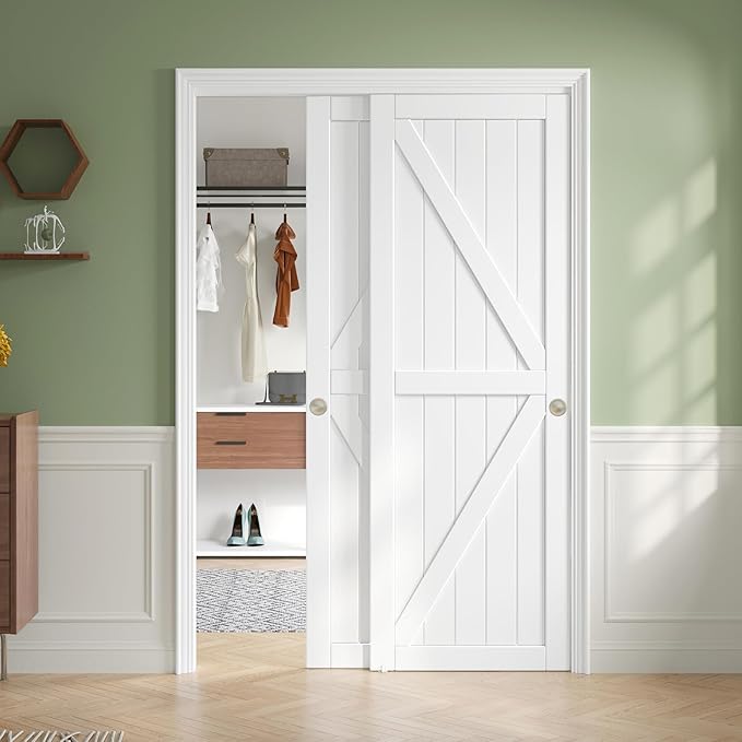 60x80in Sliding Closet Doors (Double 31in) White Bypass Closet Door,Easy Install Modern PVC Closet Doors with Hidden Track,Quiet Rollers,Solid Wood Core,Space Divider for Bedroom Living Room