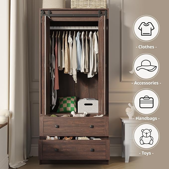 Maupvit Farmhouse Armoire with 2 Folding Sliding Barn Doors and Drawers 70.9" Tall Wooden Bedroom Wardrobe Closet with Spacious Storage Cabinet with Hanging Rod for Bedroom, Dark Brown