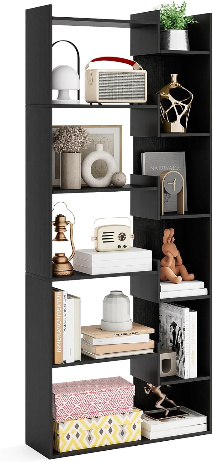 Tangkula 6-Tier Bookshelf, 64”H Tall Open Bookcase with Anti-Tip Kits, Home Office Free-Standing Wood Room Divider Display Book Shelf, Modern 11-Shelf Storage Rack for Study, Living Room (1, Black)
