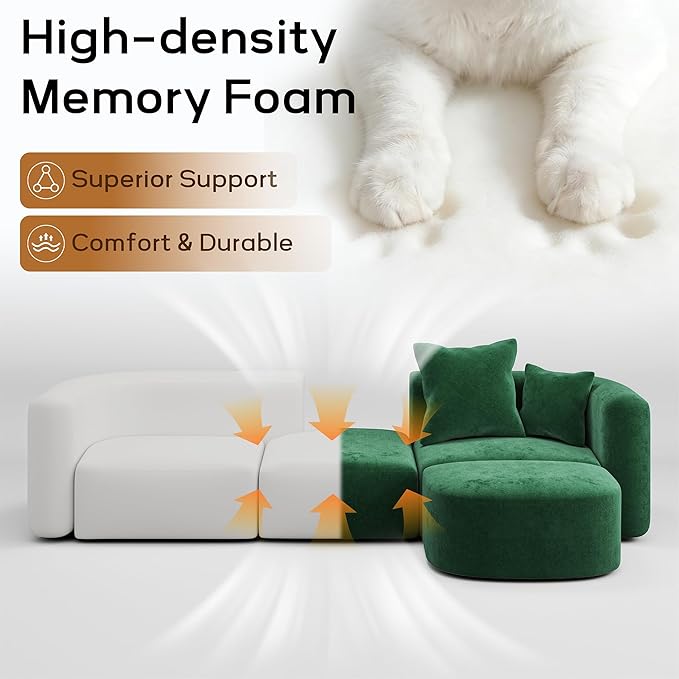 116" Modular Sectional Couches with Ottoman, Luxury Modern Curved Back Sofa, Minimalist Style Oversized 4 Seat Deep Comfy Convertible L Shape Boneless Couch for Living Room Office Apartment, Green