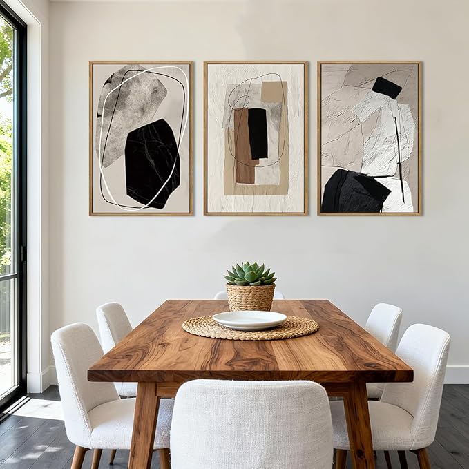 Anyzal Large Black Abstract Framed Wall Art 16x24 Inch Modern Neutral Canvas Wall Decor Beige Grey Minimalist Painting for Living room Bedroom Dining room Set of 3