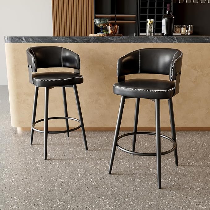 Bar Stools Set of 2, 30" Swivel Bar Height Bar Stools with Curved Back, Mid-Century Modern Faux Leather Bar Chairs with Stitching for Kitchen Island, Dining, Living Room, Vintage Black