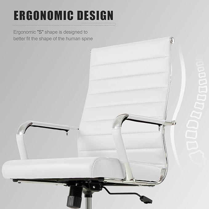 Okeysen White Office Desk Chair, Ergonomic Leather Modern Conference Room Chairs, Executive Ribbed Height Adjustable Swivel Rolling Chair for Home Office.
