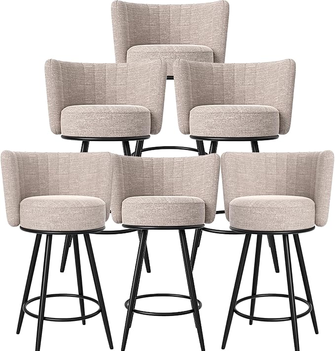 HONIFUR Bar Stools Set of 6, Counter Height Barstools with Back & Footrest Metal Legs, Counter Stools for Kitchen Island, Counter, Cafes, Dining Room (Swivel, Beige)