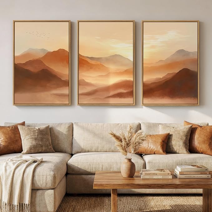 Framed Orange Abstract Mountain Wall Art for Living Room, 3 Piece Large Landscape Sunset Scenic Canvas Artwork for Walls, Modern Terracotta Paintings Prints for Bedroom Office Wall Decor, 24x36 Inch