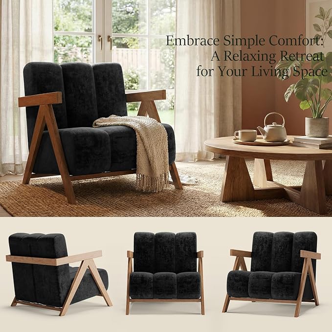Modern Accent Chair Set of 2 for Living Room Bedroom,Comfy Chenille Reading Chair with Wood Frame,Upholstered Lounge Armchair with Thick High-Elastic Sponge for Apartment & Waiting Room(Black,2)