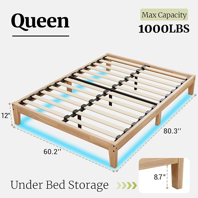 Awesofurni Queen Bed Frame with LED Lights, 12 Inch Solid Wood Platform Bed with Wooden Slats, Natural Finish, No Box Spring Needed, Noise Free - Easy Assembly