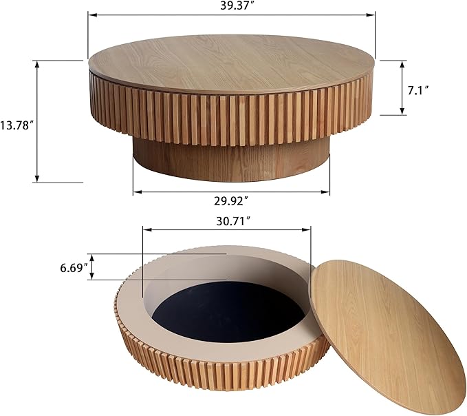 39.37" Round Coffee Table with Storage for Living Room Wood Coffee Table Contemporary Circle Center Table for Apartment, Easy Assembly, Oak