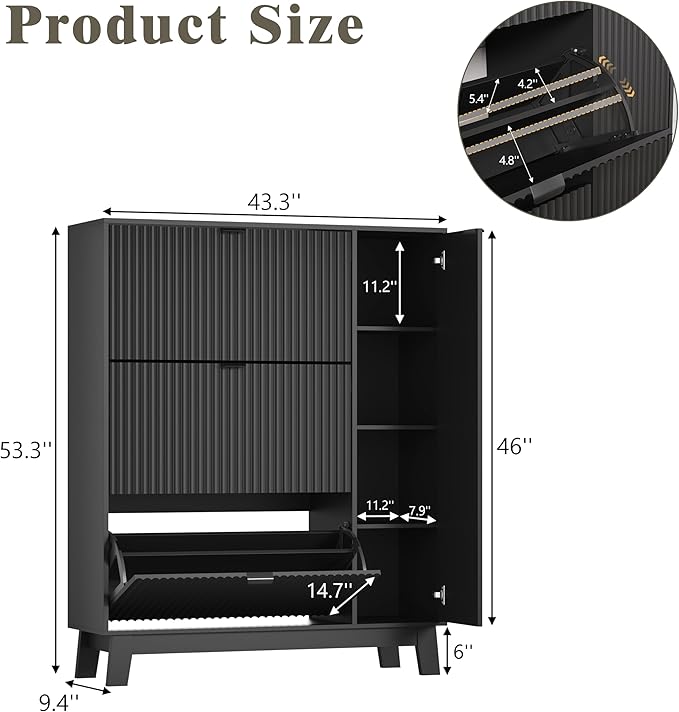 Shoe Cabinet Storage for Entryway with 3 Flip Drawers & Side Cabinet, Fluted Narrow Shoe Organizer with Wooden Leg, Freestanding Shoe Storage Hidden Shoe Rack Organizer for Front Door Entrance, Black
