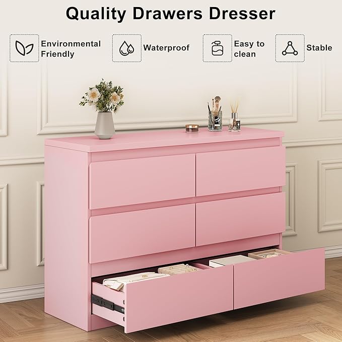 Jocoevol Modern Pink 6 Drawer Dresser - Simply Chest of Drawers for Bedroom, Closet, Living Room, Hallway, Entryway, Wood Storage Double Dresser with Smooth Metal Rails - Pink