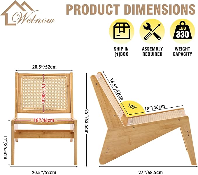 Welnow 2-Pcs Mid Century Rattan Accent Chair, Bamboo Wood Lounge Chair with Woven Cane Backrest, Low Armchair for Living Room, Bedroom, Balcony or Reading Corner, Natural