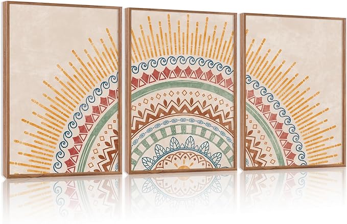 HPINUB Boho Sun Framed Canvas Wall Art Set, (Set of 3,12X16 Inch) Mid-Century Modern Wall Decor, Minimalism Bohemian Wall Painting, Abstract Geometric Pattern Art Print for Living Room,Bedroom,Office