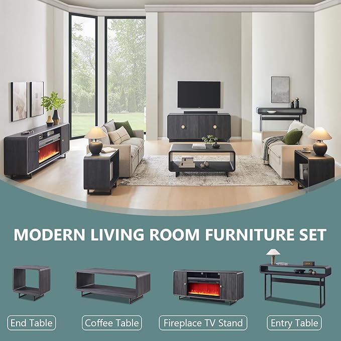 IFGET 70" Fluted Fireplace TV Stand for 80 Inch TV, Modern Entertainment Center w/36'' Electric Fireplace, Wood Media Console w/Curved Profile Design and Adjustable Shelves for Living Room, Dark Grey
