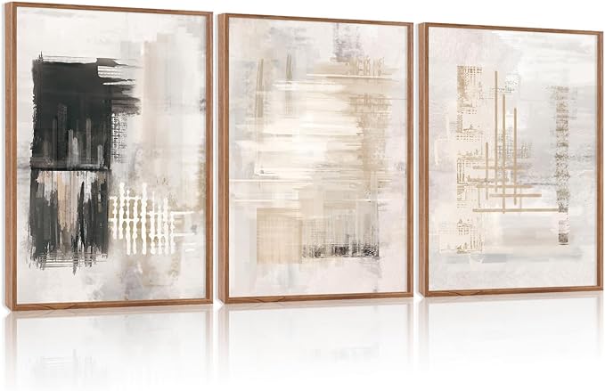 HPINUB Modern Abstract Canvas Wall Art Set, (Set of 3,12X16 Inch) Textured Framed Art Prints, Black and White Large Wall Painting,Neutral Minimalist Wall Decor for Living Room, Dining Room, Office