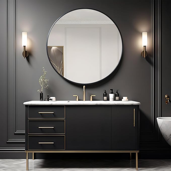 Growsun 42'' Large Round Mirror Bathroom Mirror for Wall, Metal Frame Round Mirror for Fireplace Living Room Wall Decor, Black Frame