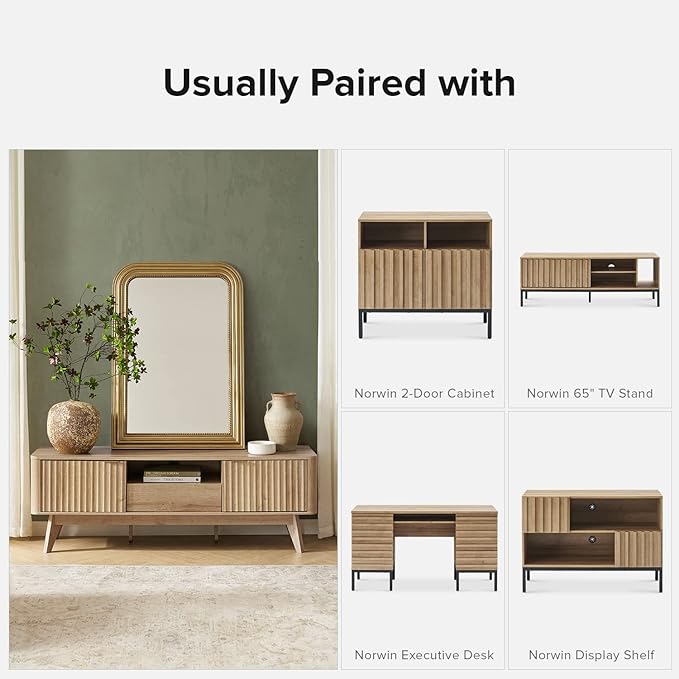 mopio Brooklyn Mid-Century Modern TV Stand, for TVs up to 50” / 59" Waveform Panel, Sleek Curved Profile with Adjustable Shelf and Sturdy Box Frame Leg (Golden Oak, 57")
