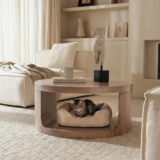 Round Coffee Table with Storage, 31" Modern Living Room Table, 2 Tier Circle Wood Center Tables for Apartment, Living Room, Open-Style Storage Tea Tables, 31"*14.1" (Dusty Pink)