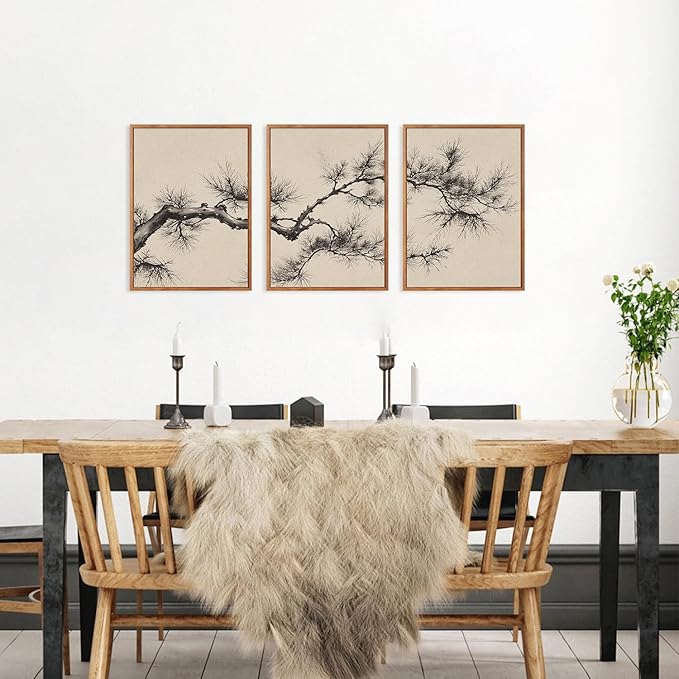 HPNIUB Vintage Sketch Pine Tree Framed Canvas Wall Art Set, Brown Antique Tree Branch Wall Decor, Nature Botanical Art Print, Modern landscape Pictures for Living Room, Office(Set of 3,12X16 Inch)
