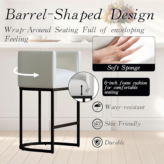 Modern Counter Height Bar Stools,Bar Stools Set of 3,PU Leather Upholstered Barrel Barstools with Backs,26'' Kitchen Island Chairs,Metal Black Frames,Beige White Leather