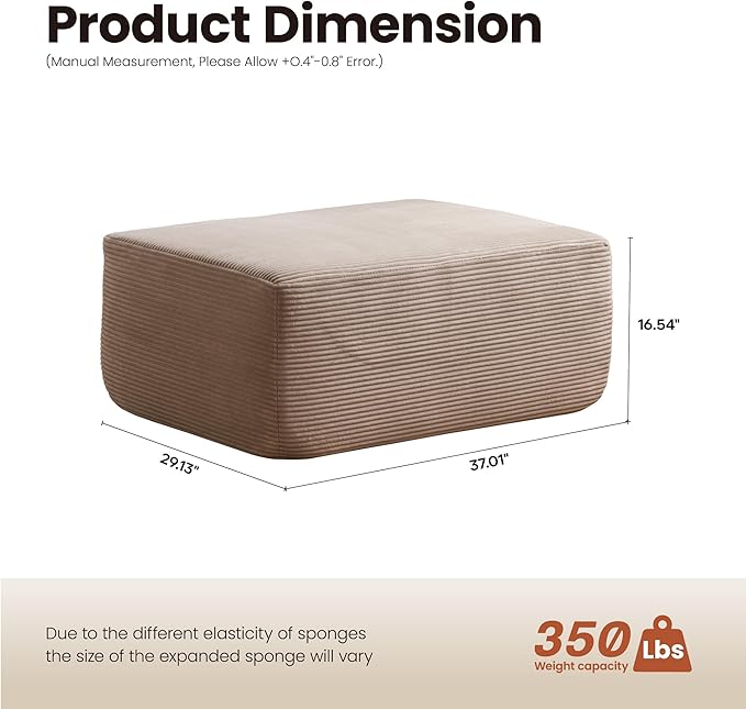 ovios 37" Corduroy Ottoman, Upholstered Cloud Ottoman for Boneless Couch in a Box, Modular Sectional Couches for Living Room Bedroom, Compressed Memory Foam, No Assembly Require, Beige