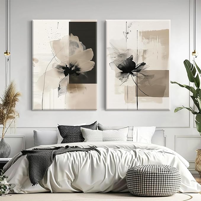Modern Abstract Floral Wall Art Minimalist Neutral Canvas Painting Decor Beige Cream And Black Wall Art Contemporary Flower Picture Prints for Living Room Bedroom 16x24 Inch Wrapped Canvas Set of 2