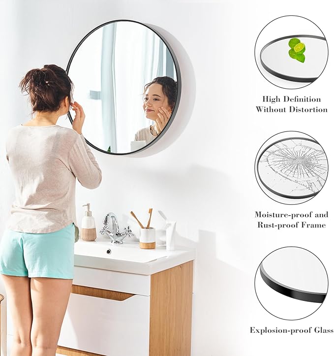 Sweetcrispy 28in Black Round Bathroom Mirrors for Wall, Bathroom Mirrors for Over Sink, Wall Decor for Bathroom, Entryway, Bedroom, Vanity