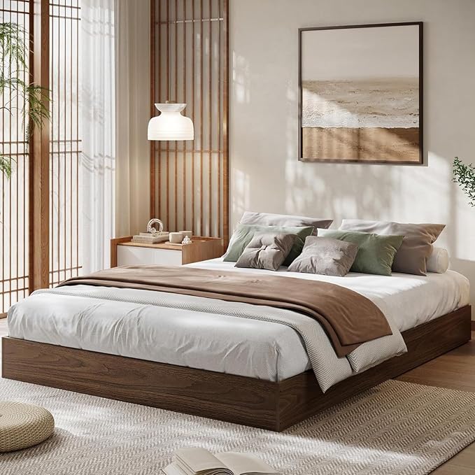 Queen Bed Frame, Wood Platform Bed with Sturdy Wooden Slats, Floor-Standing Bed Frame, Modern Minimalist Design, No Box Spring Needed, Easy Assembly, Walnut Wood