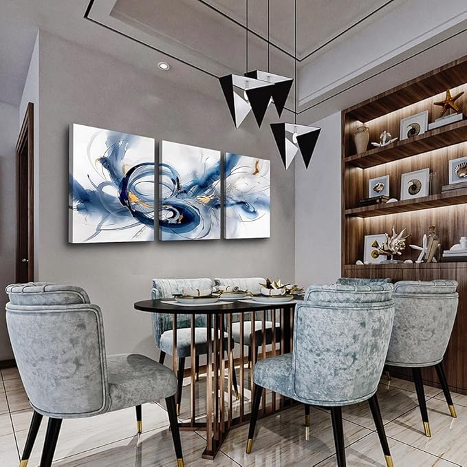 TTHYUEWS Abstract Canvas Wall Decor - Bedroom & Living Room Modern Office Art - Minimalist Blue Ink Wall Paintings - 3 Pieces