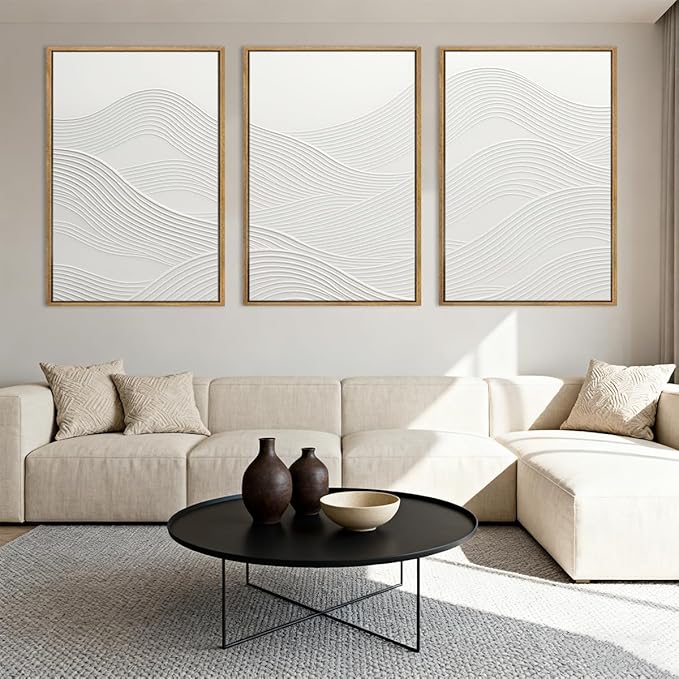 Anyzal Extra Large Framed White Textured Wall Art 24x36 Inch Neutral Abstract Modern Canvas Wall Decor Minimalist Waves Artwork for Living room Dining room Bedroom Set of 3