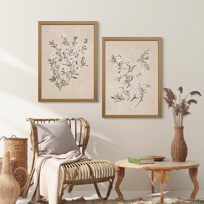 Vintage Botanical Wall Art Neutral Floral Prints Farmhouse Flower Canvas Wall Decor Watercolor Wildflower Pictures Nature Minimalist Artwork for Living Room Bedroom 12x16 Inch Wood Framed Set of 2