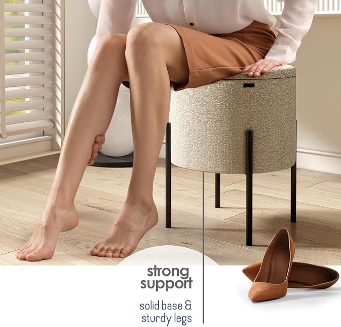 STORAGEBUD Round Ottoman with Storage, Boucle Storage Foot Stool, Makeup Vanity Stool, Small Ottoman Foot Rest, Modern Ottomans for Living Room and Bedroom, Beige