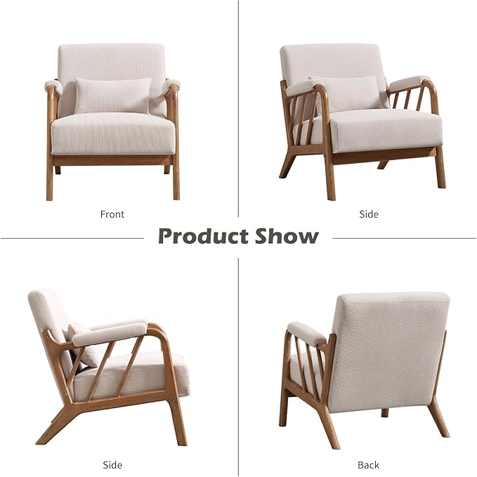 IOMOR Mid Century Modern Accent Chair with Solid Wood Frame, Upholstered Living Room Chairs with Lumbar Cushion Padded Arms, Reading Armchair for Bedroom Set of 2, Beige