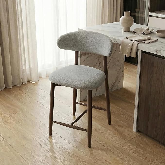 Bar Stools Set of 1, 25.6″ Counter Height Bar Stools with Wood Legs, Upholstered Modern Kitchen Barstools for Kitchen Island Dining Room Bar, Light Grey