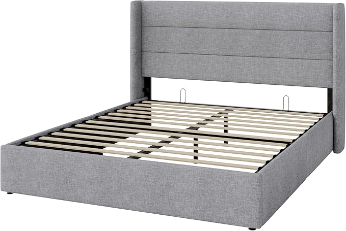 Allewie Queen Size Lift Up Storage Bed, Modern Wingback Headboard, Hydraulic Support, No Box Spring Needed, Light Grey