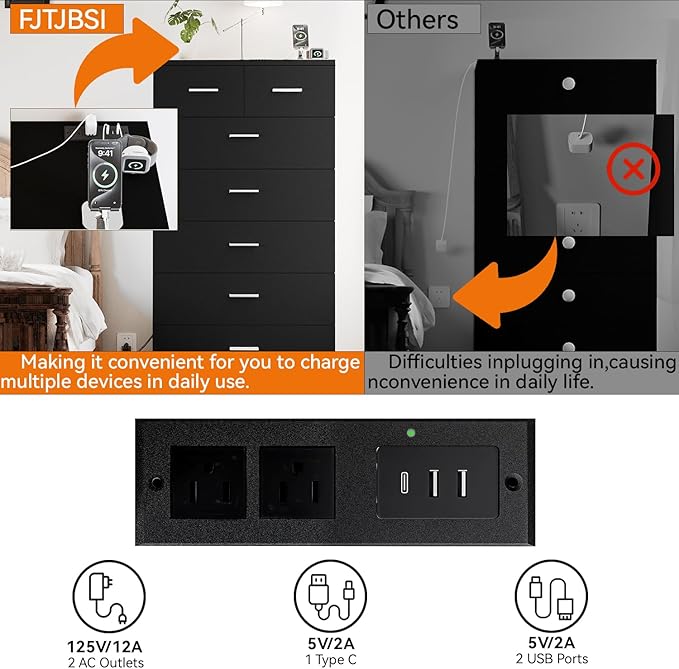 FJTJBSI 47.3" Tall Dresser for Bedroom Chests of Drawers with Charging Station 7 Drawer Dressers with Metal Slide Rail Modern Wood Closet Organizer with Large Storage for Home Office Entryway
