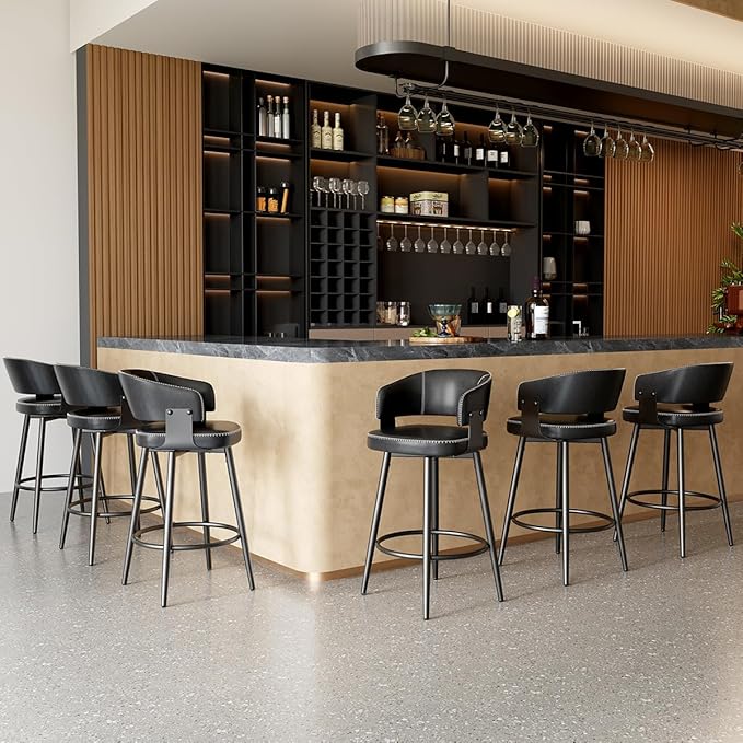 Bar Stools Set of 6, 30" Swivel Bar Height Bar Stools with Curved Back, Mid-Century Modern Faux Leather Bar Chairs with Stitching for Kitchen Island, Dining, Living Room, Vintage Black