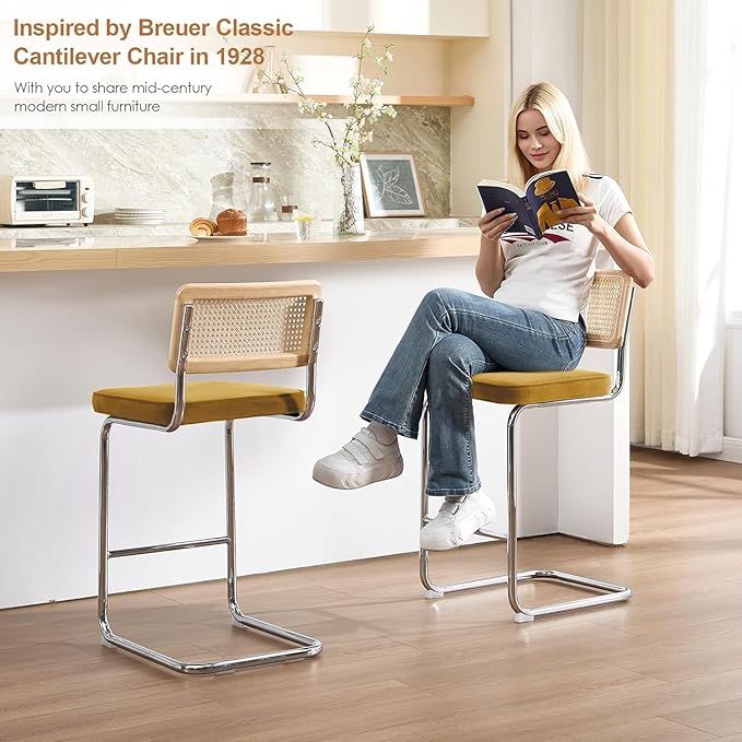 Zesthouse Natural Rattan Counter Stools Set of 3, 26" Mid Century Modern Bar Stools with Solid Wood Frame & Chrome Base, Upholstered Velvet Counter Height Barstools for Kitchen Island, Yellow