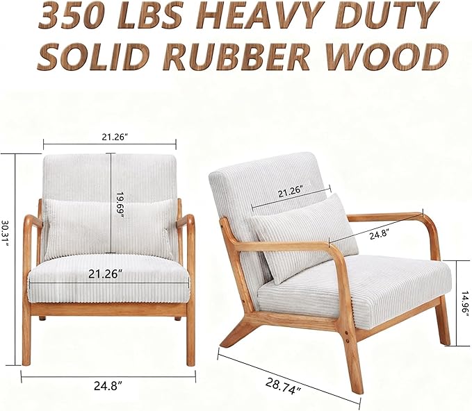 Mid Century Modern Accent Chair with Solid Rubberwood Frame, Comfy Corduroy Reading Armchair with Lumbar Pillow, Compact Lounge Chair for Bedroom, Living Room & Small Spaces, Ivory Cream