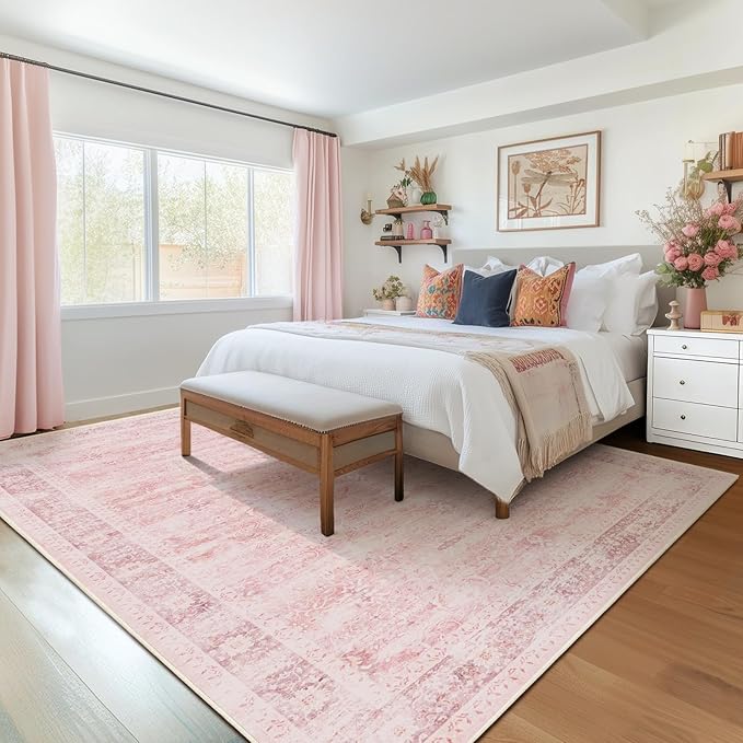 Pink Rug for Living Room 6x9, Aesthetic Distressed Area Rugs for Bedroom Girls Non Slip, Washable Low Pile Thin Carpet Rugs for Nursery Kids Baby Room Dorm, Playroom Rug Dining Room