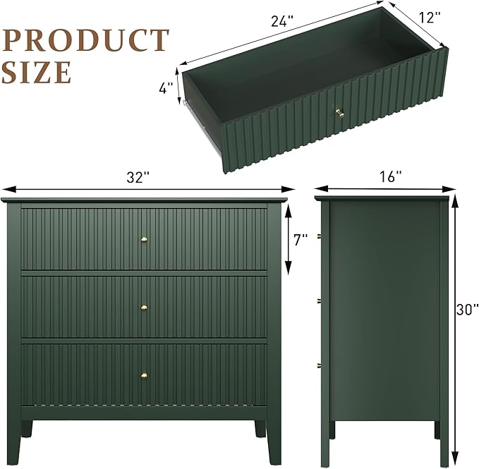 RoyalCraft Fluted 3 Drawer Dresser, 32 inch Wide Dresser Nightstand for Bedroom, Modern Wood Chest of Drawers, Large Painted Nightstand with 3 Drawers for Closet, Hallway, Entryway, Dark Green