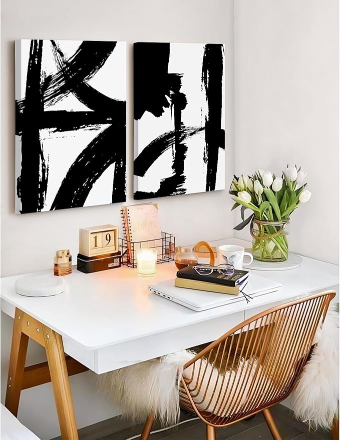 Black and White Wall Art Abstract Modern Painting Minimalist Line Canvas Wall Art Decor Black And White Poster Abstract Artwork Prints for Living Room Bedroom 16x24 Inch Wrapped Canvas Set of 2