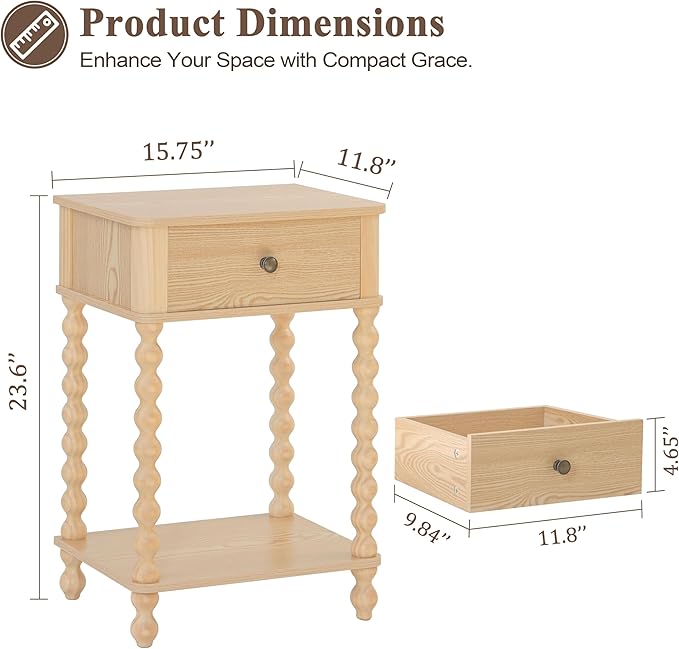 AWASEN Night Stand, Small End Table with Storage for Living Room, Farmhouse Bedside Side Table with Spindle Wood Legs for Bedroom, Office, Natural