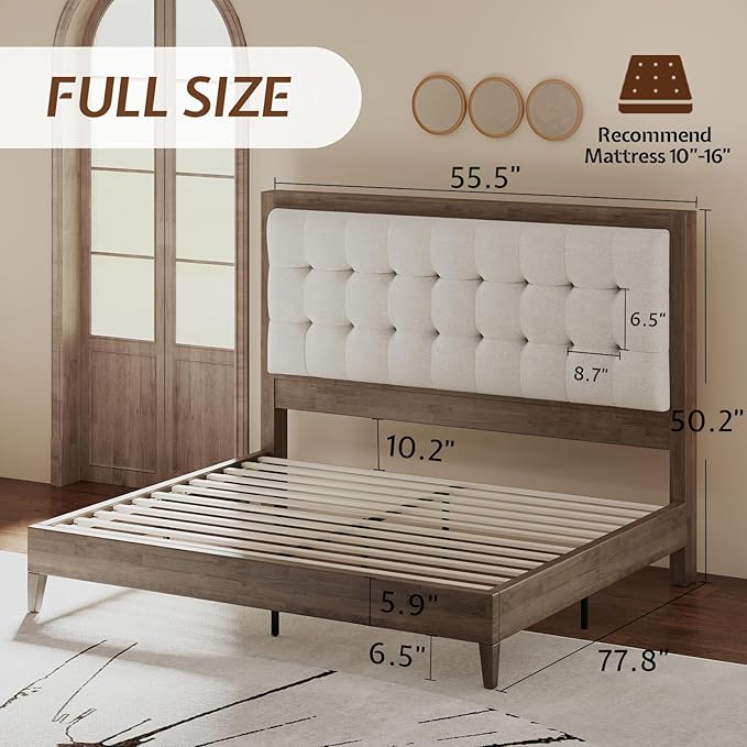 Jocisland Solid Wood Full Size Bed Frame 50.2" Tall Upholstered Headboard, Mid-Century Style, Stable Platform Support, No Box Spring Needed, Ash Gray